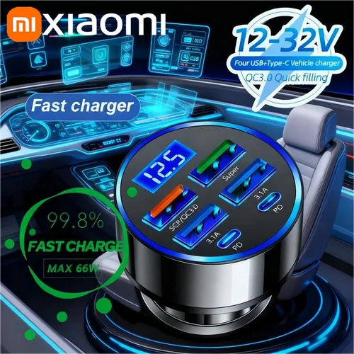 Imagen 1 del producto Xiaomi-cargador de coche QC3.0 de 250W, carga rápida 6 en 1, enchufe para encendedor de cigarrillos de coche, cargador de coche de 5 puertos, carga Flash con pantalla Digital