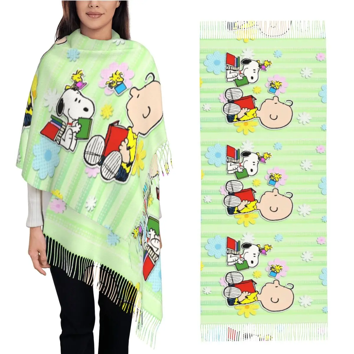 Snoopy Peanuts on Green Scarf Men Women Large Scarves with Tassel Autumn Luxury 2024 Shawl Wraps Outdoor Design Bufanda