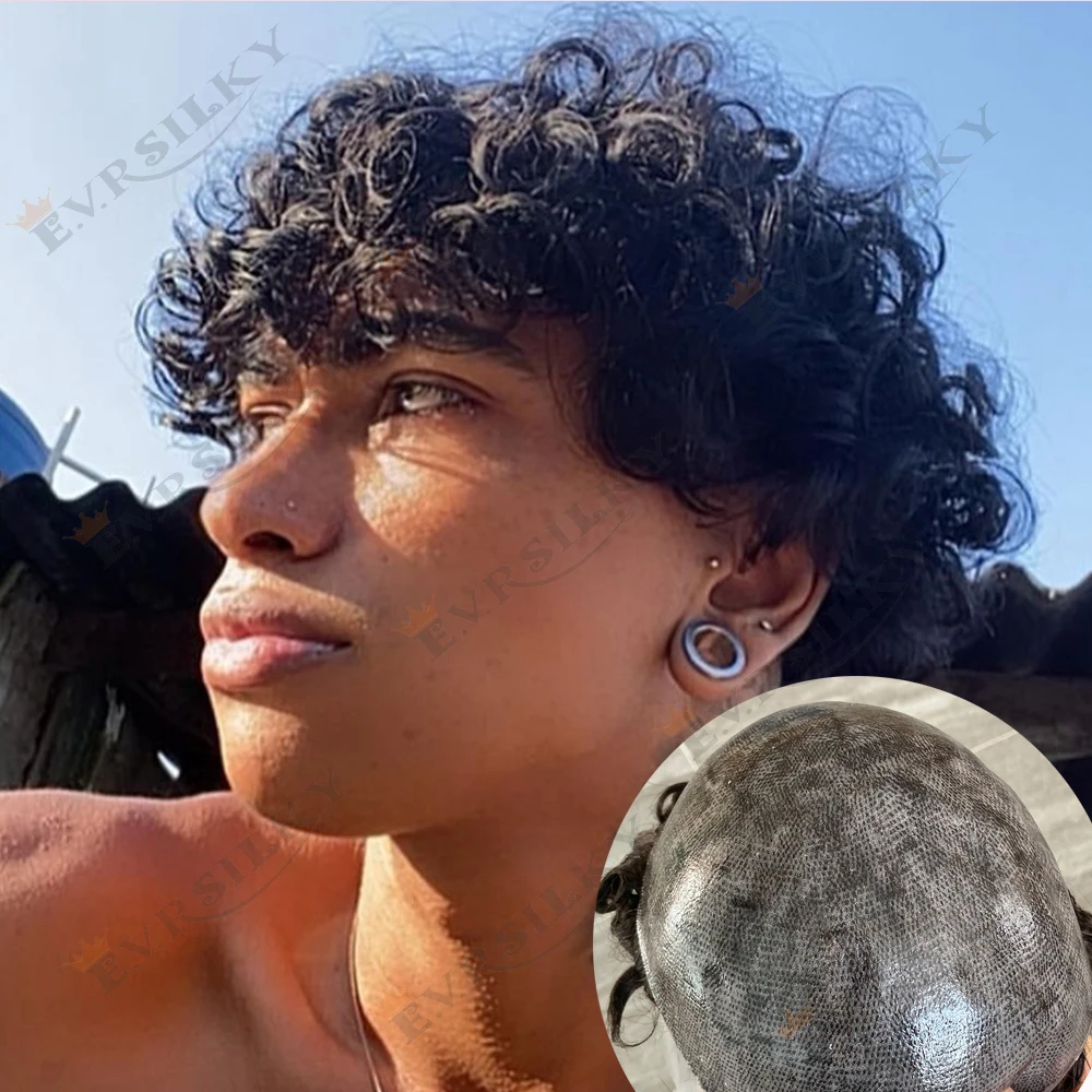 

24mm Curly Durable Full Thin Skin Mens Toupee Black Afro Male Grey Brown 100% HumanHair Capillary Prosth System Natural Hairline