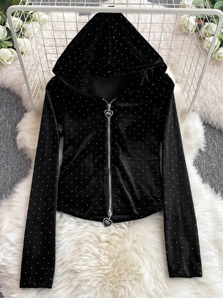 Fashion suit velvet hooded zipper cardigan jacket with high waist heavy industry diamond casual straight leg mop pants