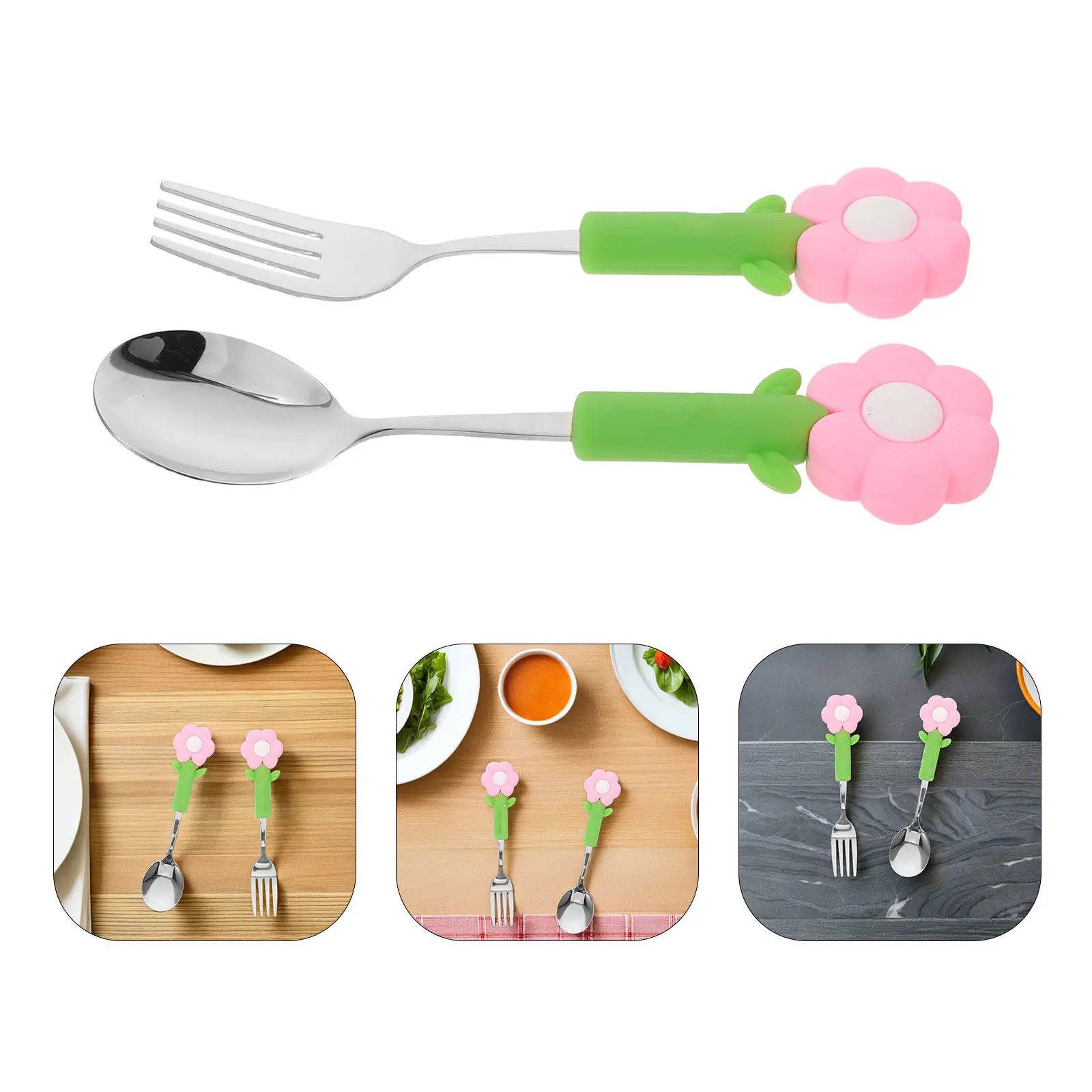 

2Pcs Sunflower Kids Fork and Spoon Set Stainless Steel Toddler Utensils with Soft Silicone Handles Ergonomic Easy Grip