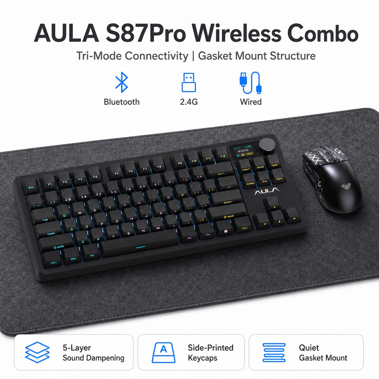 

AULA S87Pro Mechanical Keyboard Backlight Wired 87% layout Custom Hot Swappable Wireless Bluetooth Gaming Keyboard Combo