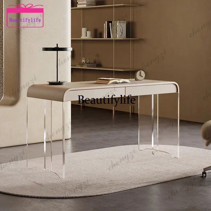 

Cream Style Desk Light Luxury Modern Suspended Acrylic Foot Desk Room Desks Computer Table Office Gaming Standing Study Tables