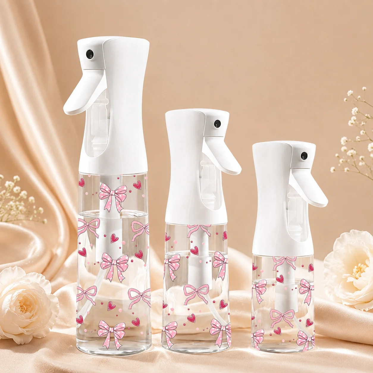 Bouteille pulvérisatrice mignonne avec nœud, 200/300/500 ml, brume fine continue, rechargeable, pour coiffure, plantes, nettoyage, voyage femme