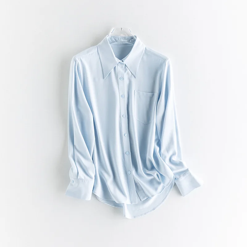 

Spring Women Pocket No-iron Shirt Turn Down Collar Loose Long Sleeve Soft Smooth Anti-wrinkle Tops
