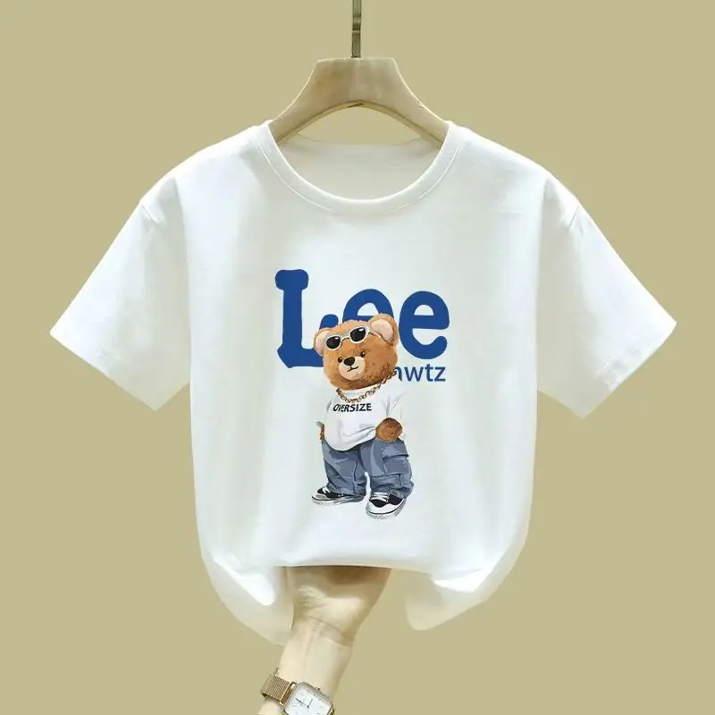 Children's Summer Printed T-Shirt Boys And Girls Cotton Material Bear Cartoon Pattern Cute Fun Round Neck Pullover Casual Sports