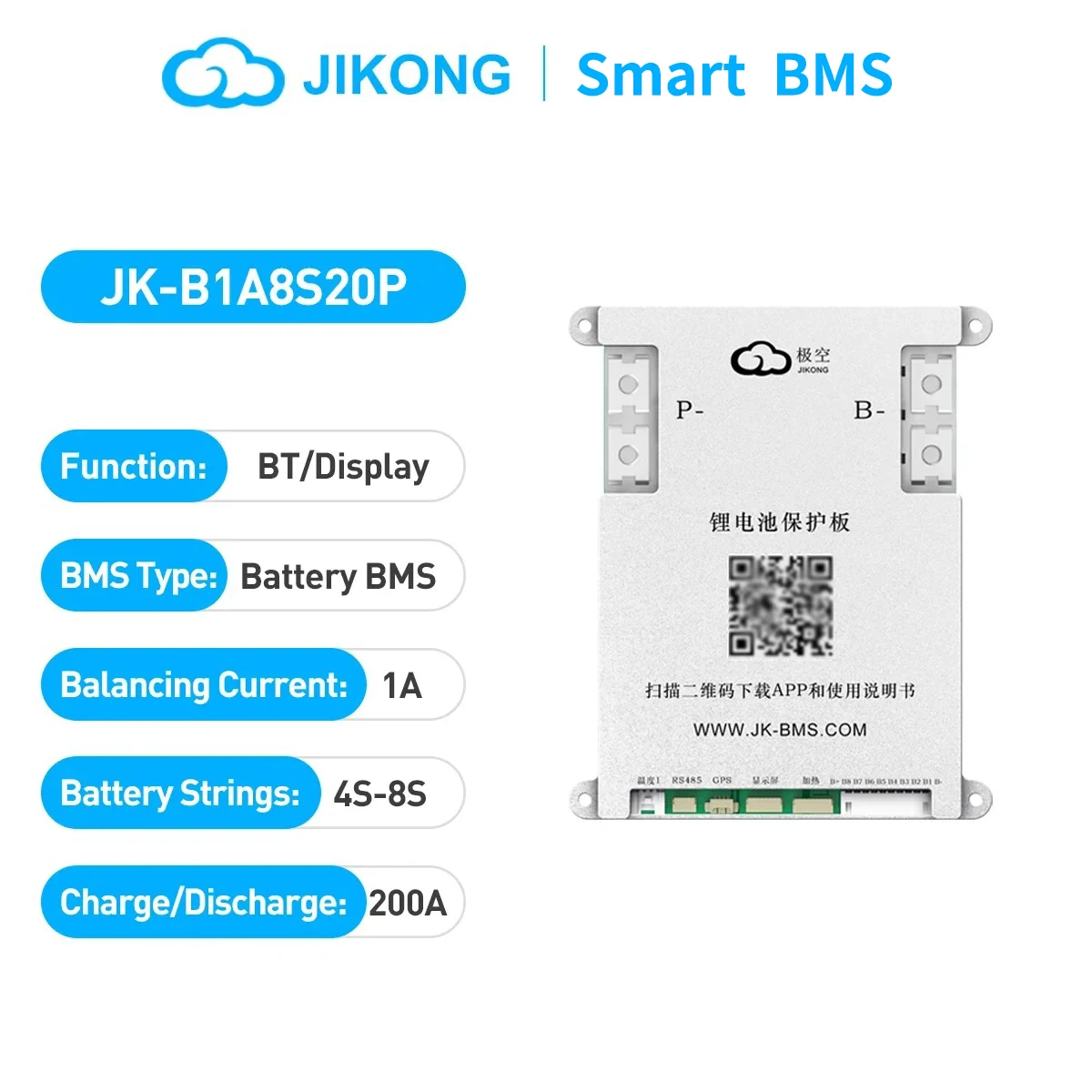 JKBMS B1A8S20P 4S 12V 8S 24V Lifepo4 Li-ion 1A Active Balance 200A Continuous Current Protect Battery Management System SmartBMS