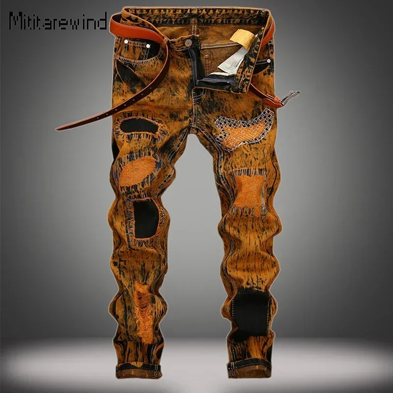 

Винтажные рваные джинсы с нашивками, мужские рваные джинсы в стиле хип-хоп Y2k, уличная одежда в стиле панк, прямые потертые джинсы с принтом тай-дай, мужские джинсовые брюки High Street