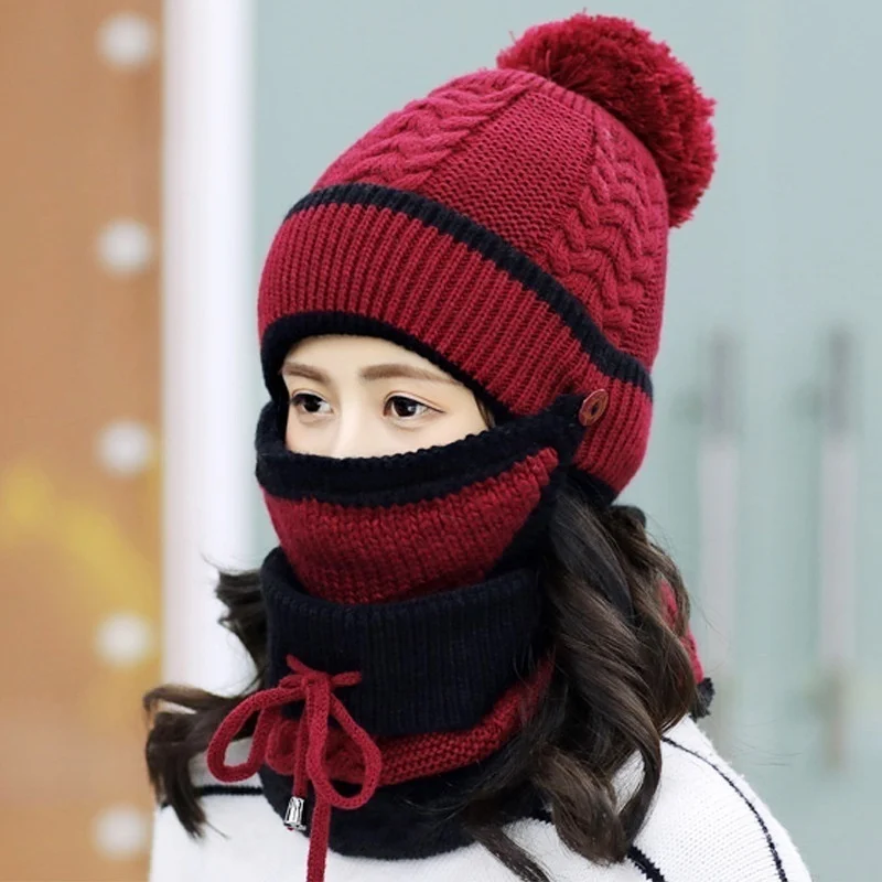 

Winter Hat Scarf Mask Fur Warm Beanies Pompoms Winter Snow Ski Hats Knitted Caps Scarf Set Fashion Warm Accessories