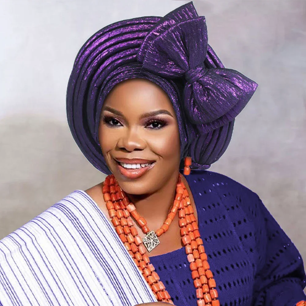 ربطة رأس أفريقية Aso Oke Auto Gele مصنوعة بالفعل قبعة توربا نيجيرية للنساء غطاء رأس بونيه لحفلات الزفاف أغطية الرأس بونيه الحجاب #4