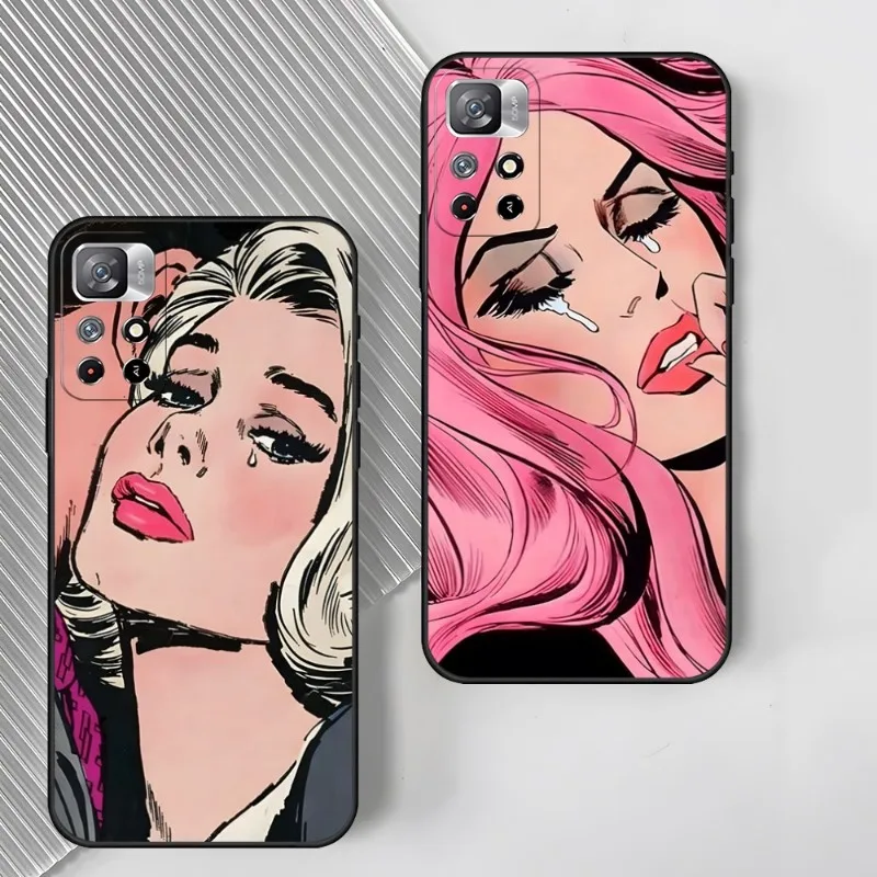 Black Hair Crying Comic Girl Phone Case 2023 For Redmi 12 Poco X3 NFC PRO Note 11 S 5G 10 9 Plus 8 7 A C T 4G 10s Cover