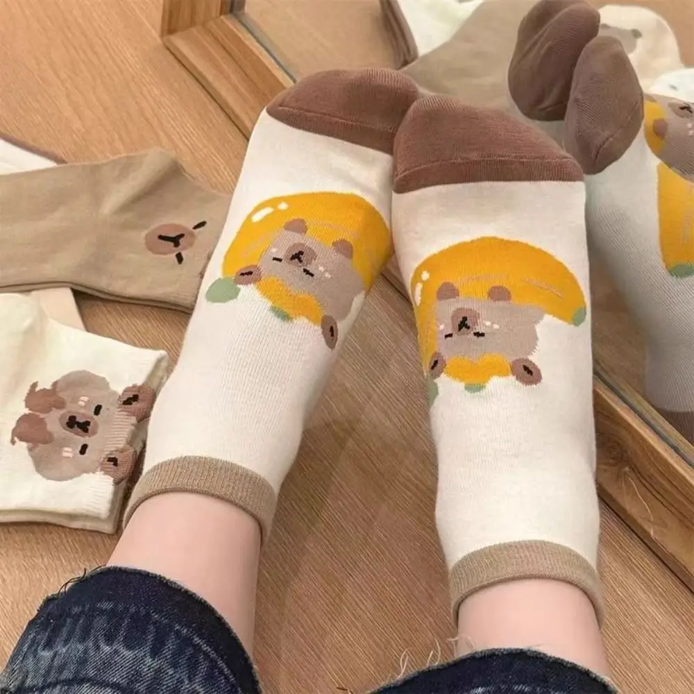 5Pairs Japanese Style Cartoon Capybara Socks Dot Breathable Capybara Mid-tube Socks Soft Hosiery Socks Women Women