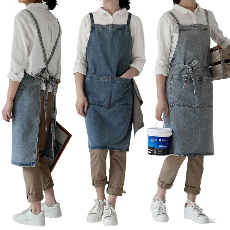 Korean Version Denim Apron Thickened Canvas Antifouling Home Cleaning Kitchen Cooking Art Barber Work Clothes Gardening  Aprons