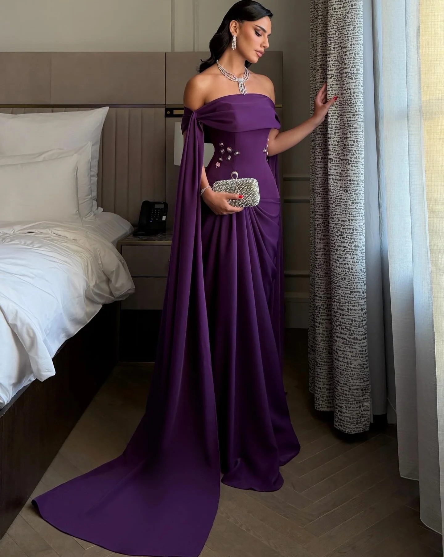 Luxury Formal Off Shoulder Prom Dress Crystal Beading Draped Mermaid Evening Dresses Sweep Train Wedding Dresses Customized