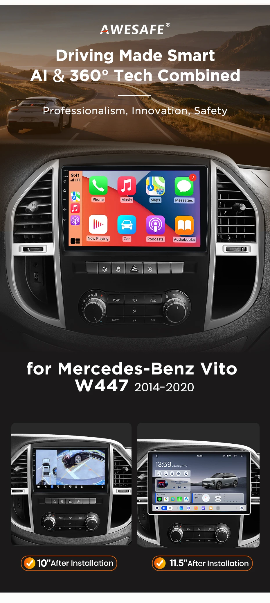 AWESAFE Kabelloses CarPlay Android Auto Radio für Mercedes Benz Vito W447 2014-2020 Plug & Play FM BT RDS DSP 4G GPS Multimedia – Detail 4