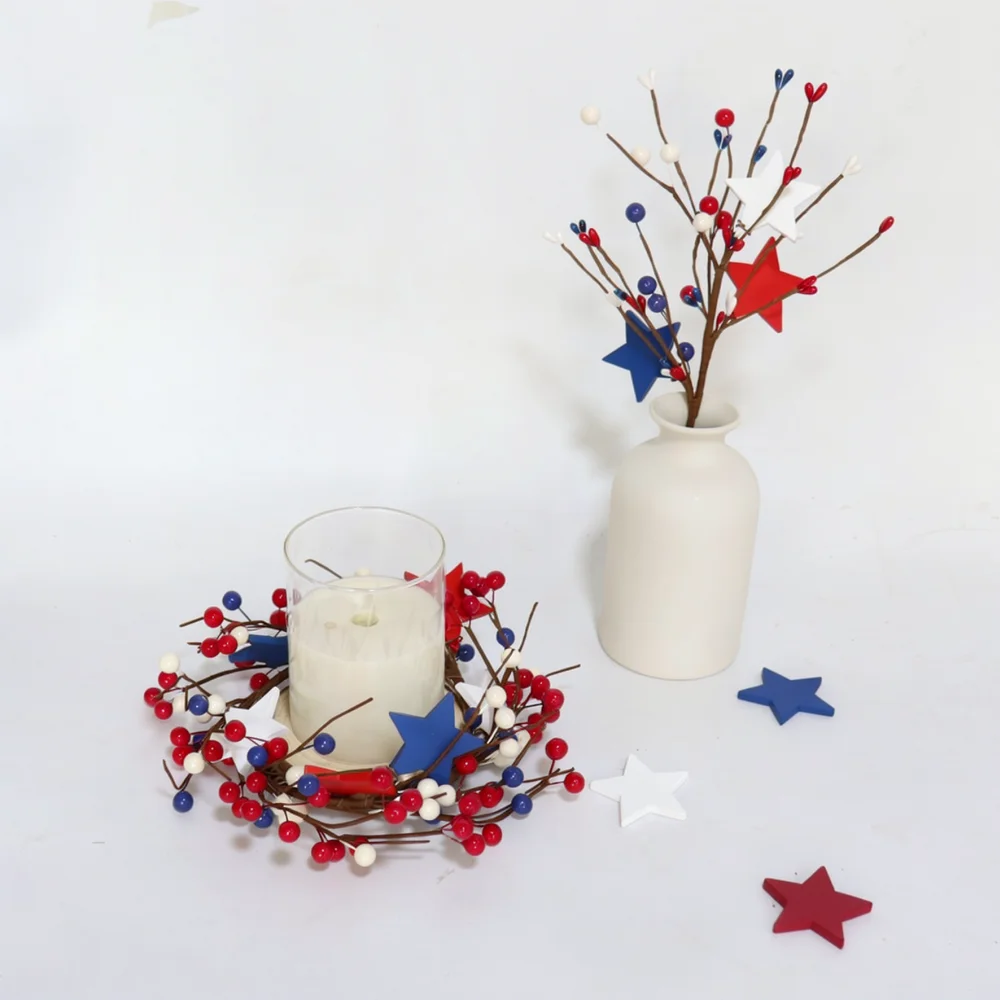 American Flag Themed Candle Ring Red White Blue Berry Garland Star Accents For Holiday Dining Table Party Decoration