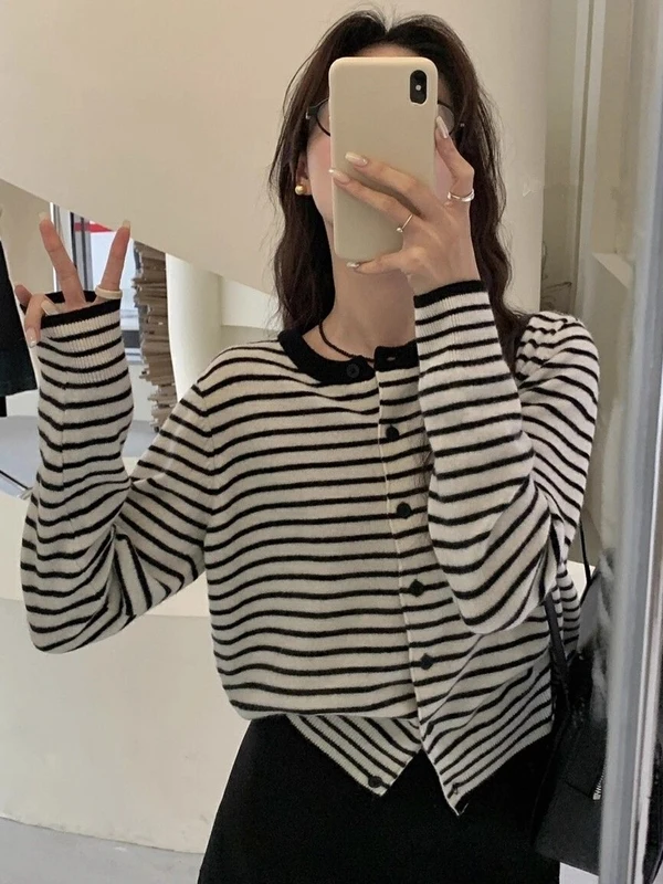 

Ladies Knitted Open Cardigan Loose Fit round Ne Sweater Red Striped Casual Sle Autumn Winter New Faion Soft Warm Outerwear