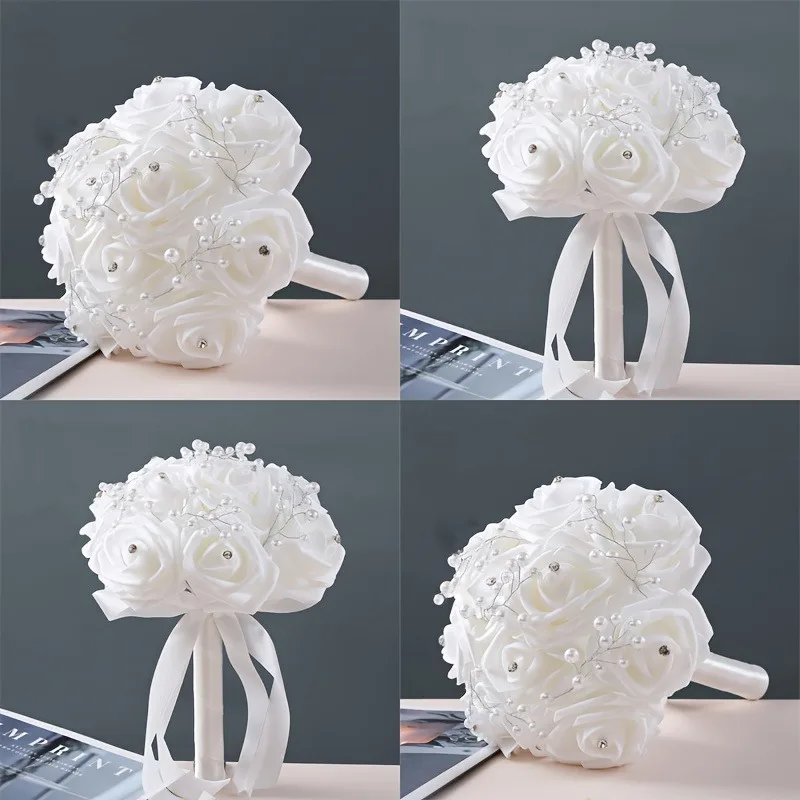 웨딩 신부 및 신부 들러리 부케, 웨딩 장식용 조화, 파티 휴일 가정용 새틴 장식 꽃