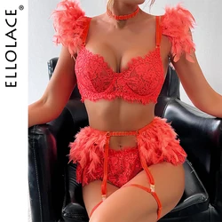 Ellolace Feather Lingerie Lace Luxury Underwear 5-Piece See Through Sissy Seamless Intimate Push Up Sensual Bra And Panty Sets