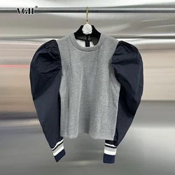 VGH Colorblack Patchwork Folds Caual Sweatshirts For Women Round Neck Long Sleeve Minimalist Slimming Short Sweatshirt Female