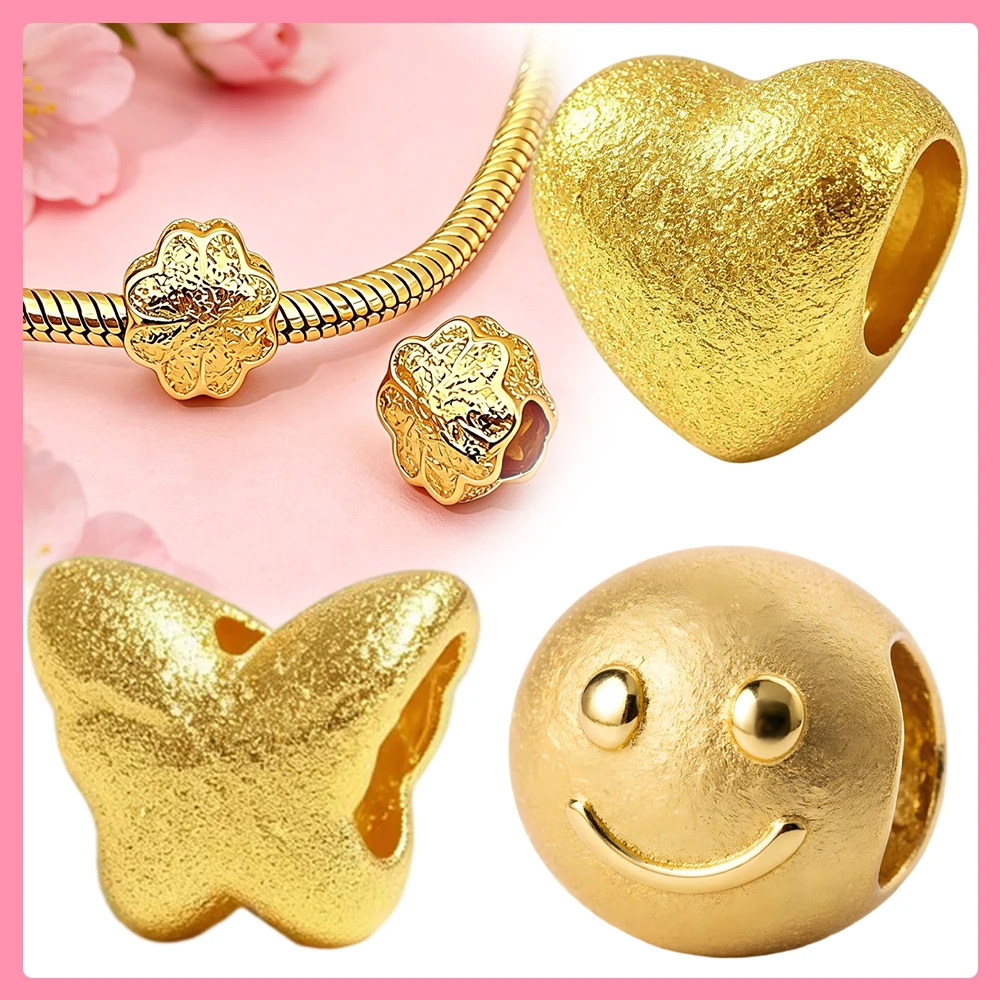 Textured Clover Shell Gold Original Charms 925 Sterling Silver Beads Fit Bracelets Bag Keychain Charms Diy Women Gift Accessory