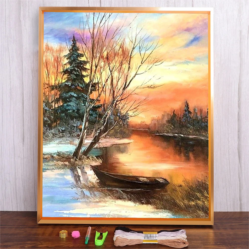 

40x50cm Winter Sunset Landscape Embroidery Kit Cotton Thread Cross Stitch Set Handicraft DIY Handmade Needlework Art Home Decor