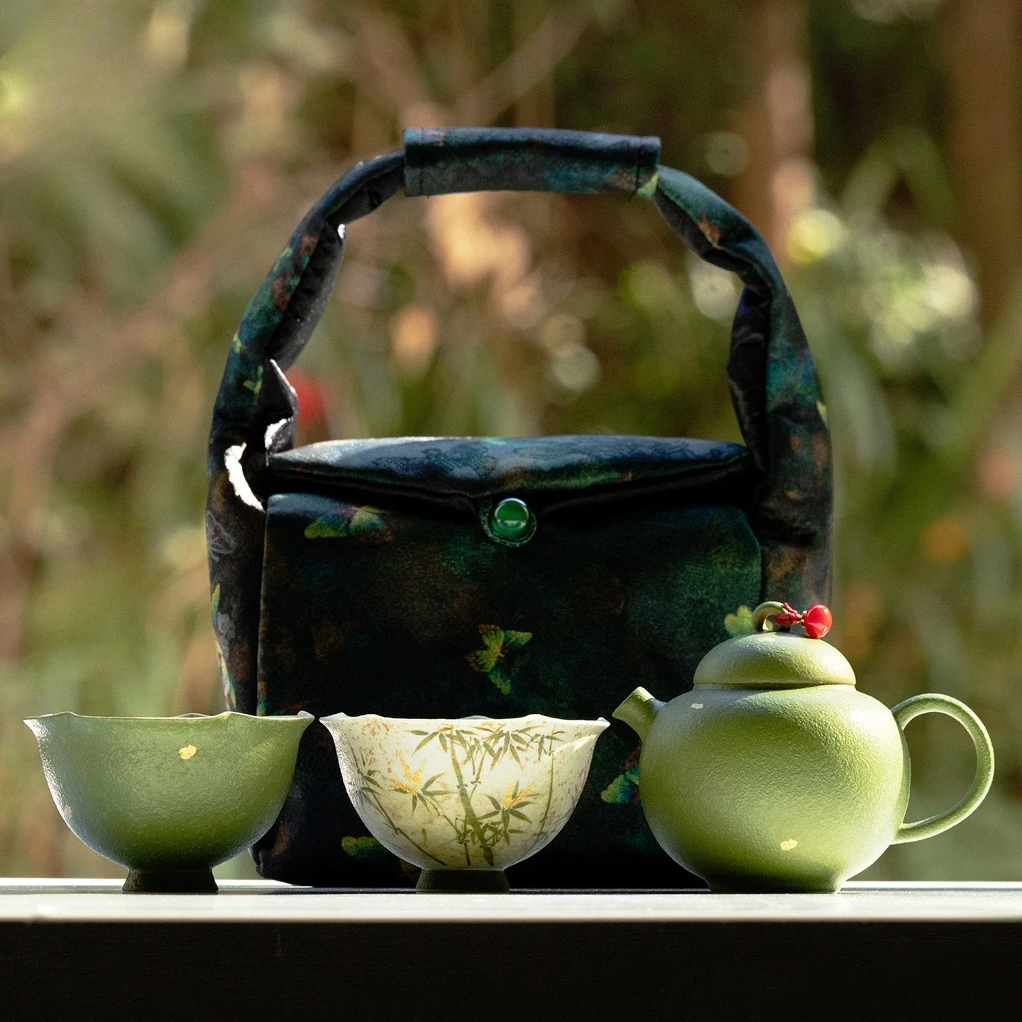 Hand-painted Bamboo Outdoor Camping Travel TeaSet Picnic Portable Bag Storage 1 Pot 2 Cups TeaSet Travel Pack Tea Tableware Gift