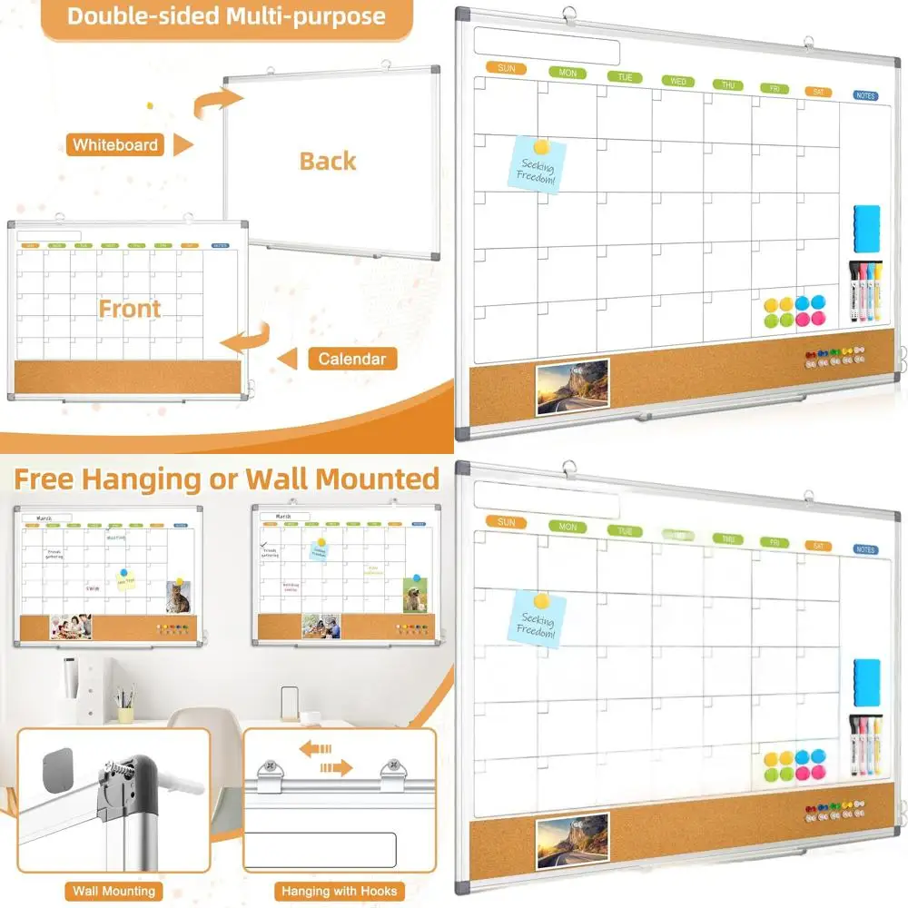 

Double-Sided Wall-Mounted Monthly Calendar Whiteboard and Corkboard, 36 x 24, Silver Aluminum Frame for Home, Office, School