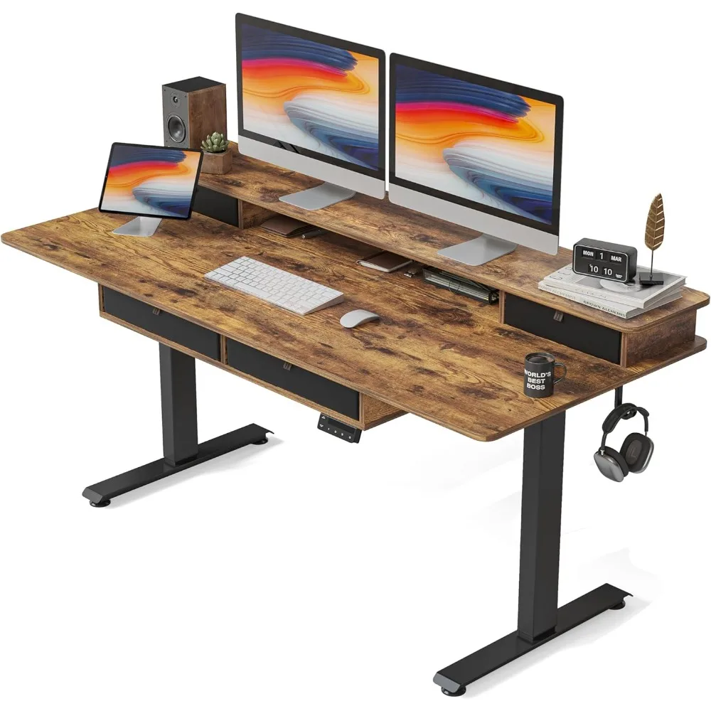 Electric Standing Desk Adjustable Height with 4 Drawers, Sit Stand Desk with Storage Shelf, Rising Desk with Splice Board