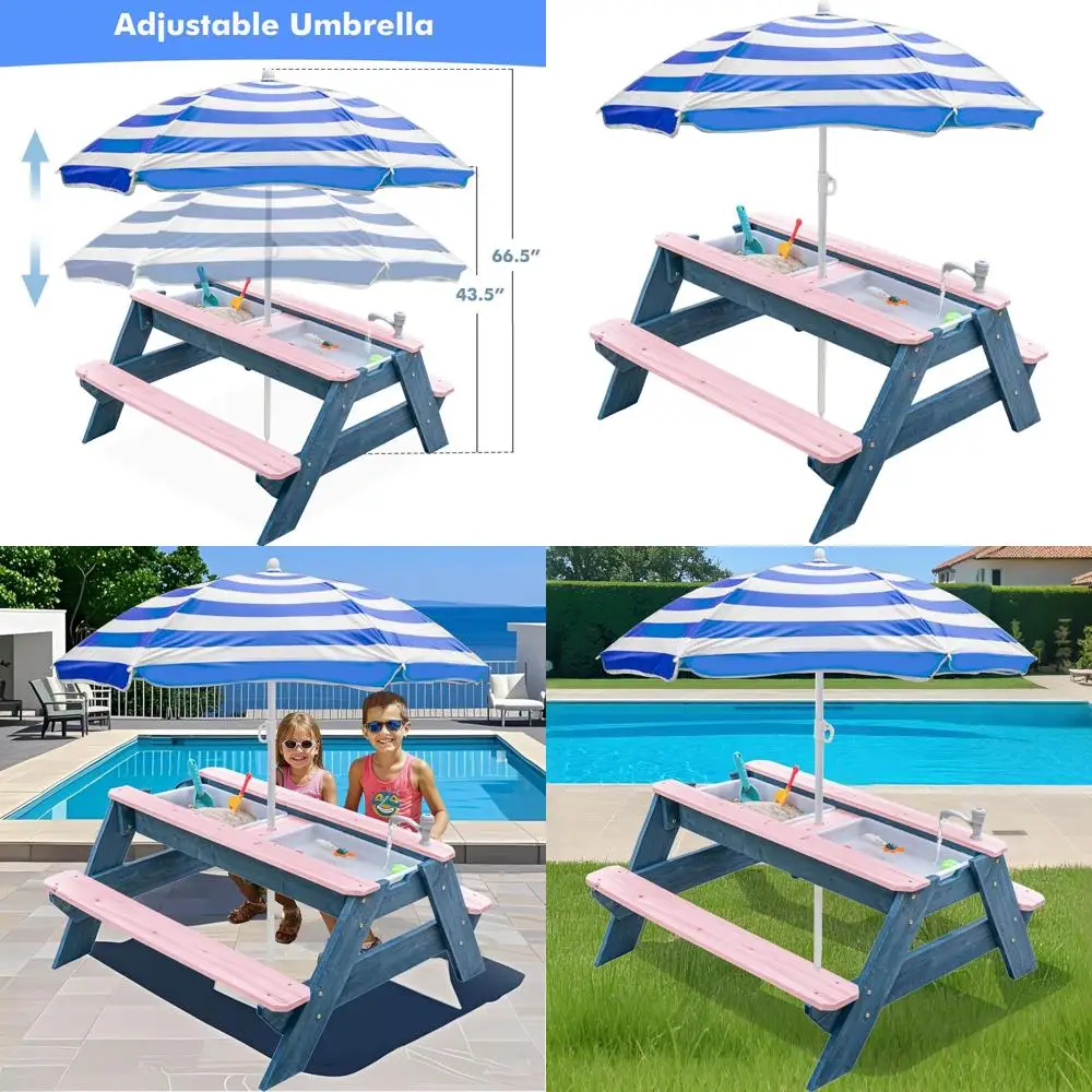 

Convertible Wooden Sand & Water Table with Umbrella, Picnic Trays, Removable Top for Outdoor Play (Pink/Navy)