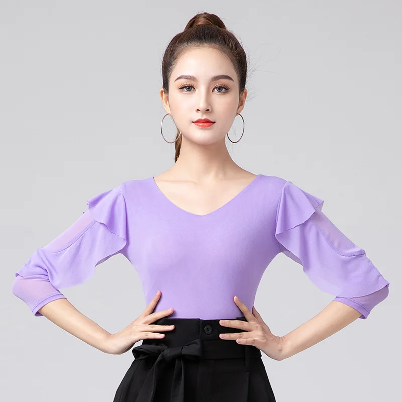 New Latin Dance Clothes Female Adult Ballroom Dance Tops Practice Wear Middle Sleeves Rose Red Shirts Women Modern Waltz Costume