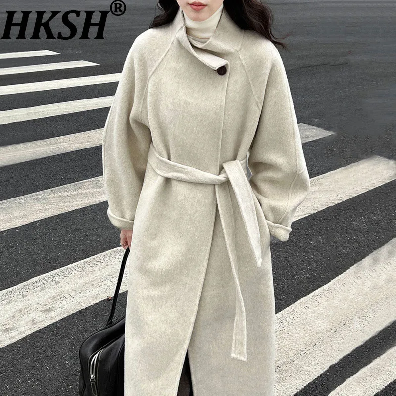 

HKSH осень-зима новая женская длинная двусторонняя шерстяная куртка однотонный воротник-стойка с поясом универсальная элегантная теплая куртка HK14430