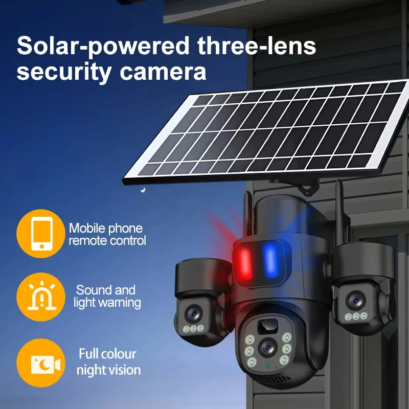 WIFI Solar PTZ Camera Outdoor 15MP Three Lens Three Screen Security Surveillance Camera 360 PIR Detection Solar CCTV EseeCloud
