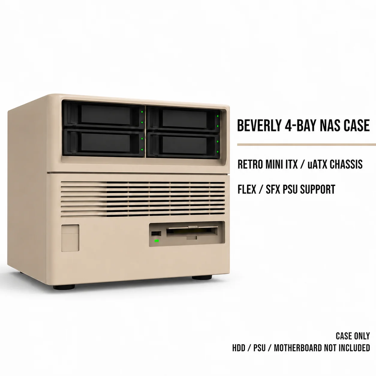 Beverly Retro 4-Bay Hot Swap NAS Case for Mini ITX UATX Motherboard 3.5 Inch HDD FLEX SFX PSU Compact Chassis