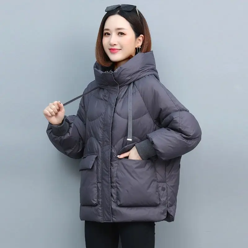 Casaco de algodão feminino com capuz, jaqueta de inverno, Parkas femininas sem gola de pele, tamanho grande, sobretudo curto solto, novo outwear, 2023