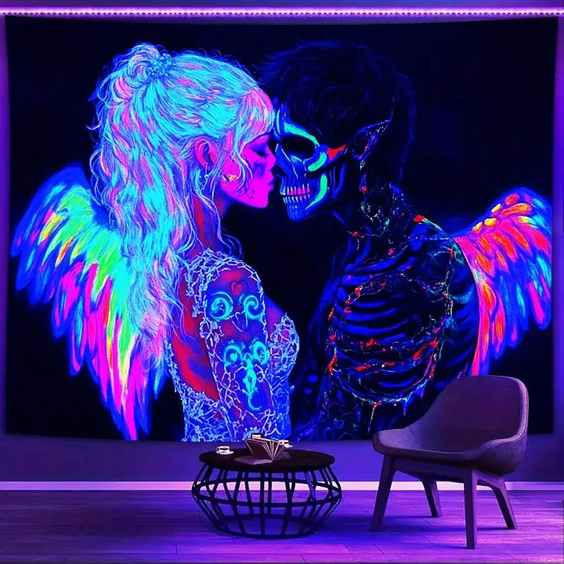 VIKAMA Blacklight Angel Demon Couple Tapestry Neon Rainbow Wings Skull Wall Hanging Gothic Romantic Dorm Room Decor