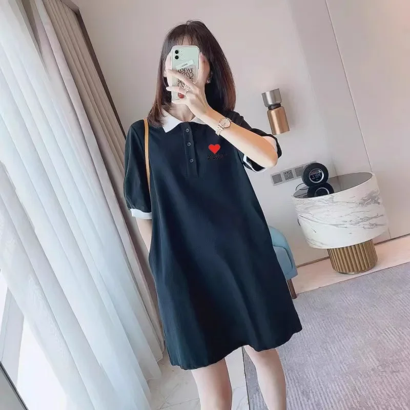

Sports Fashion Women's Polo-Neck Solid Color Dresses Summer Korean Casual Short Sleeve Patchwork Dresses Female Clothing 2023