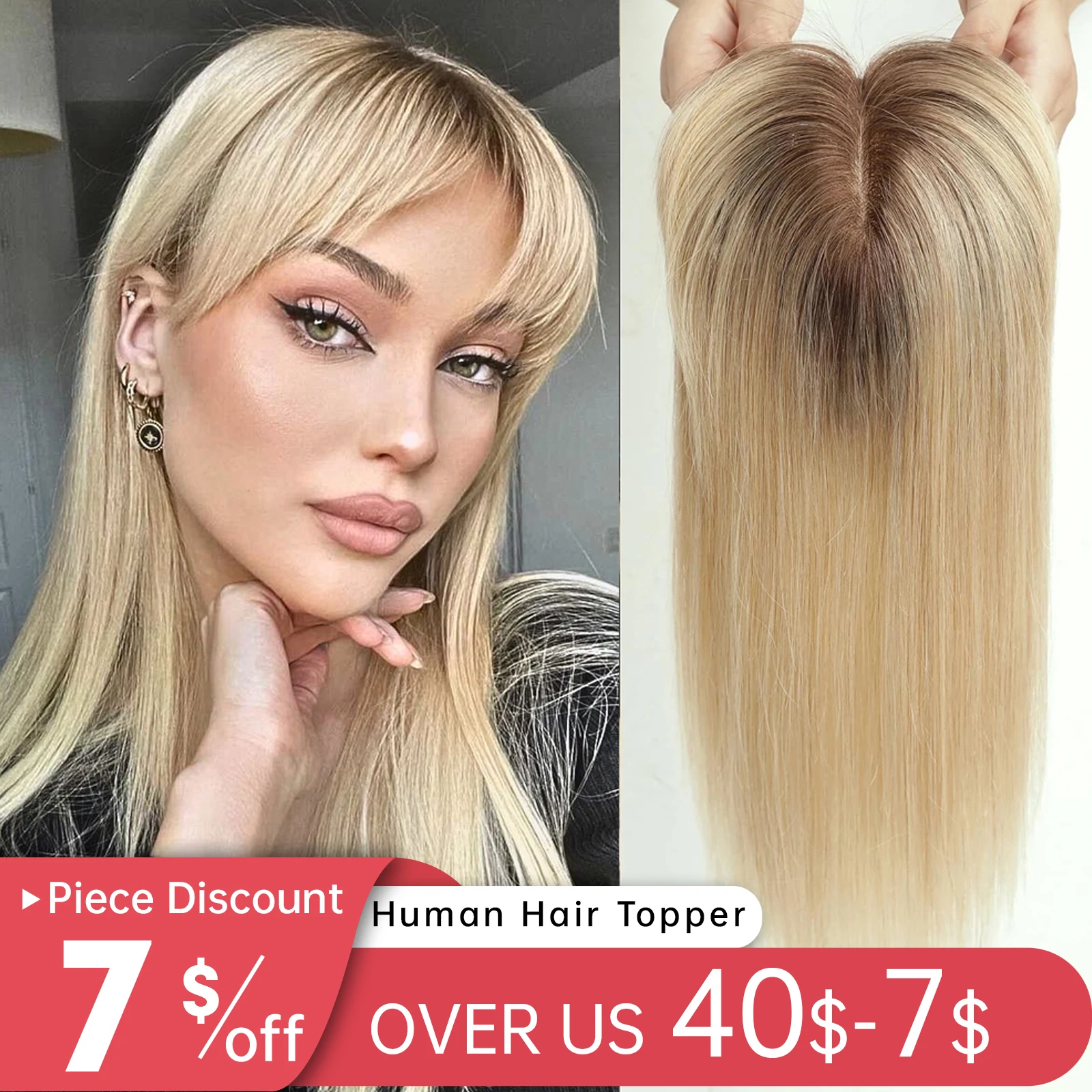 

Human Hair Toppers with Bangs Ombre Platinum Blonde Remy Hairs Topper Silk Base Clip in Toupee Hair Pieces for Women Hair Loss