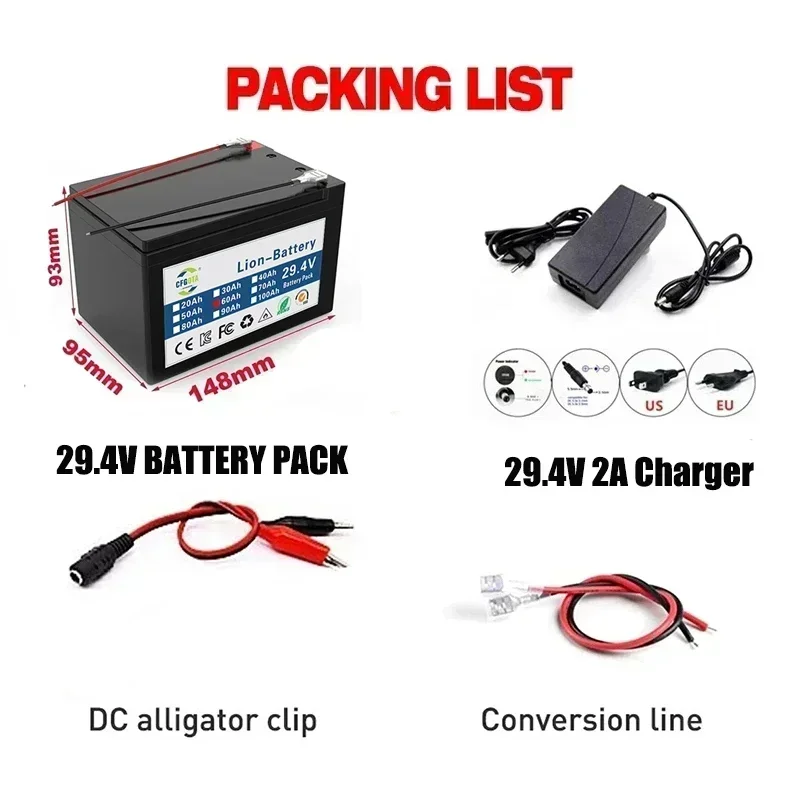 18650 24V 100Ah Rechargeable Li-ion Battery Pack,for LED Lamp Electric Vehicle Solar Storage Replacement Battery + Charger Color