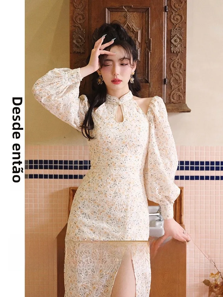 Vestido Qipao Floral Sexy com Fenda, Saia Godê de Cintura Alta Feminina, Vestido Longo de Manga Comprida para Férias, da Cole...