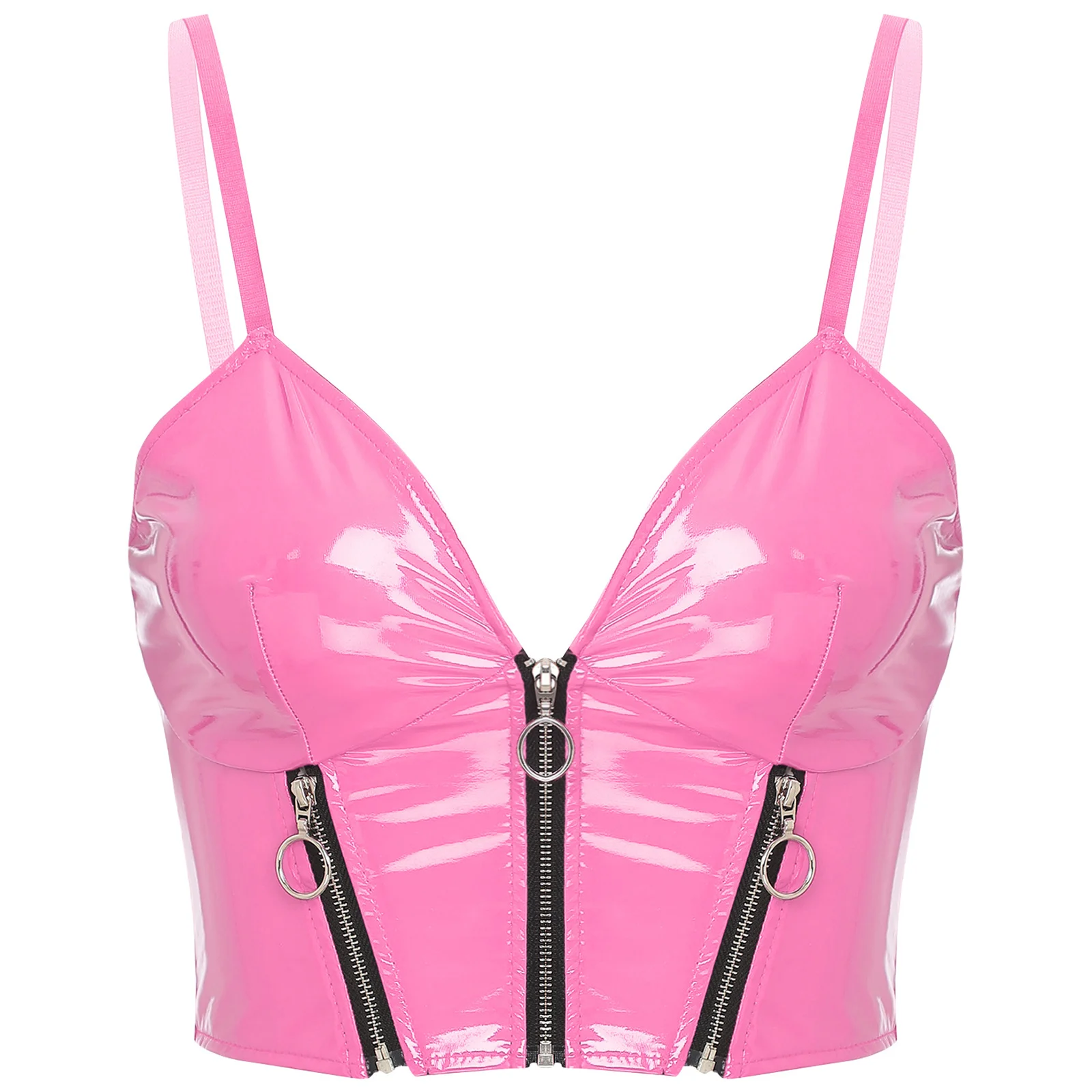 Chaleco Sexy de charol para mujer, Tops con escote en V profundo, camisola con cremallera frontal, lencería brillante, Top corto con cremallera, disfraz para discoteca