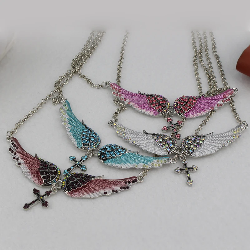 Angel Wings Cross Pendants Necklaces Shell Hard Vintage Charm Crystal Jewelry for Women Bridal Wedding Y2k Accessories Gift