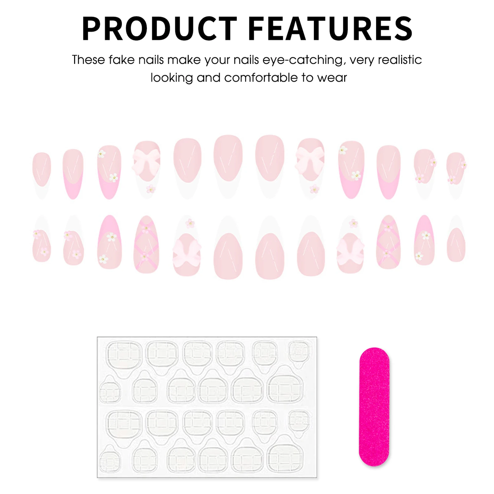 24개 아몬드 프렌치 팁 인조 손톱 꽃 리본 디자인 우아한 발레리나 프레스온 네일 풀커버 아크릴 가짜 손톱 아트