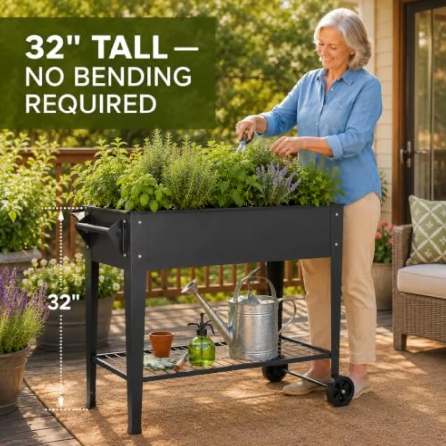 Elevate 32 Raised Garden Bed With Wheels For Outdoor Gardening, Galvanized Steel, Charcoal Gray, Rust-Resistant And Mobile