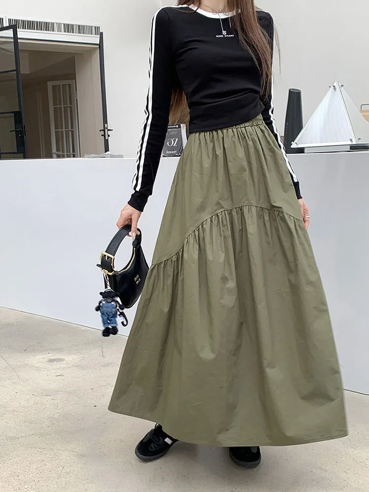 Harajuku Green Skirts Women Summer Korean Fashion High Waist Black White Long Skirt Jupe Femme