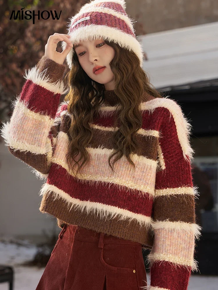 MISHOW Striped Pullover Sweater Women Autumn Winter Fashion Retro Casual Loose Ladies Crop Knitted Top Jumpers Woman MXC57Z0285