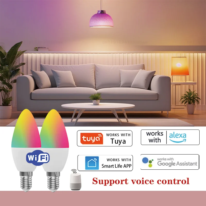 Tuya Wifi E14 Candle Lamp App Control Smart Bulb 5/7/9W RGB+CW LED Light Dimmable Crystal Group Lamps Works With Alexa Google