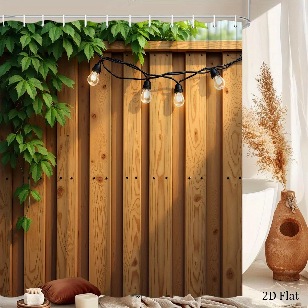 1pc a Rustic Wooden Fence Shower Curtain Featuring Bright Green Foliage And String Lights, Perfect for a Cozy Garden-Themed Home