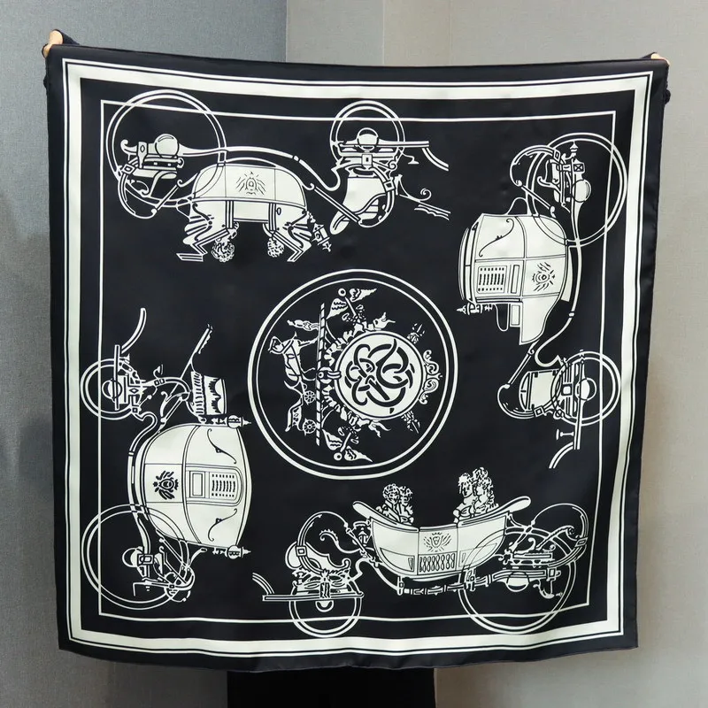 Black Silk Twill Scarf 90CM Women Hand Rolled Bandana Luxury Designer Shawl Head Hair Decotation Spring Summer Accessories