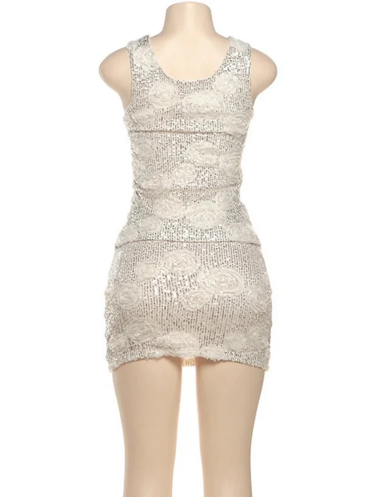 XIAOTANG Sparkle Sexy Two Piece Set Women Elegant Square Collar Sleeveless Tank Top And Mini Skirt Matching Sets Club Dress Set